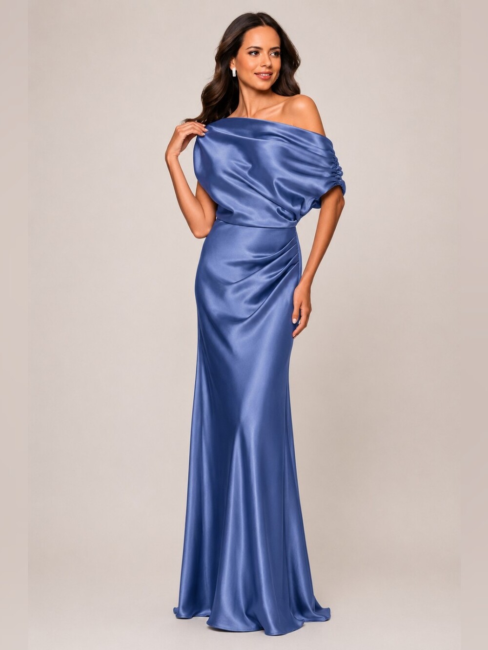 Betsy & Adam Dress Satin Off-Shoulder Maxi Ball Gown in Blue Prom Size 4